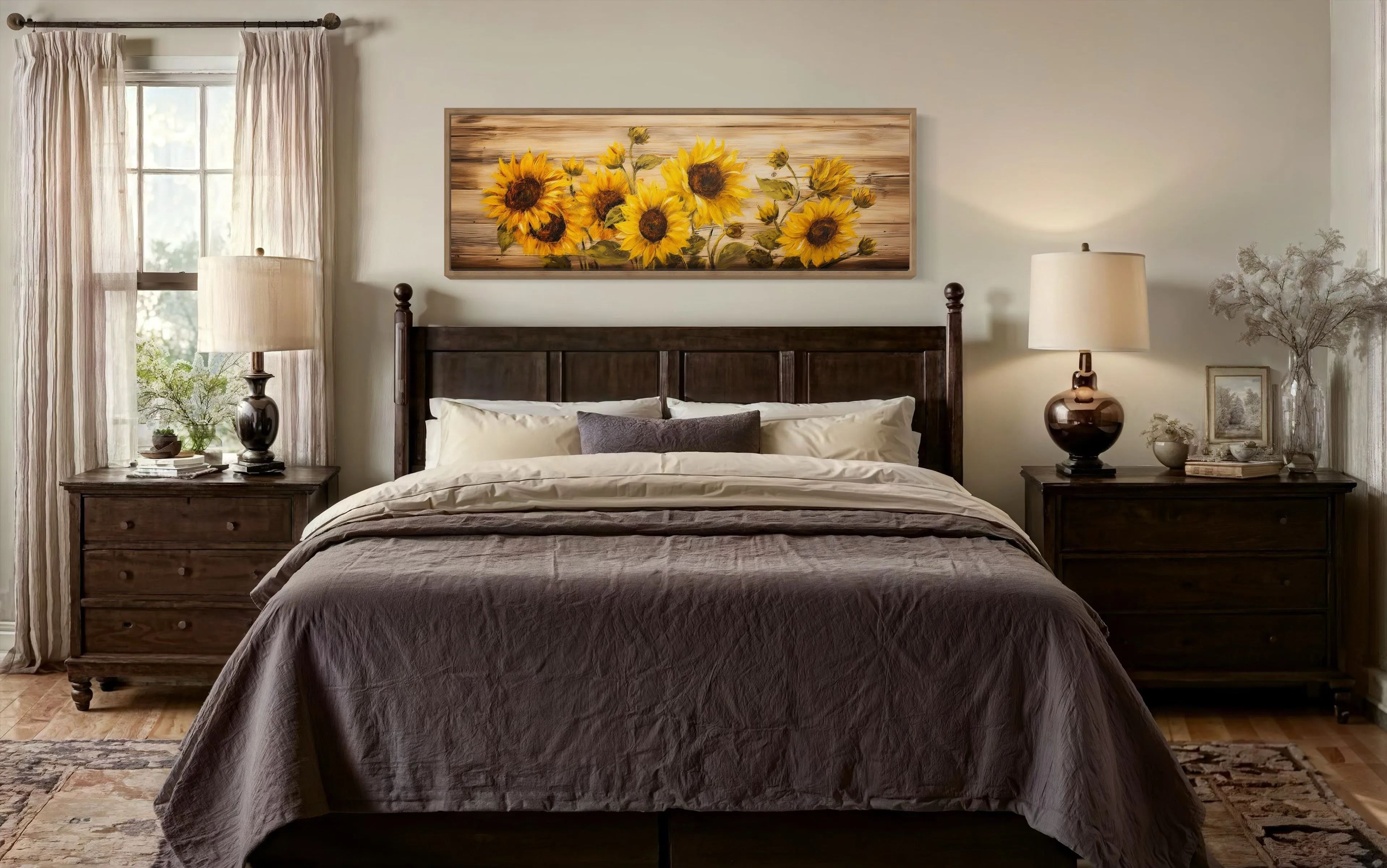 Rustic Sunflowers Painting on Wood Long Horizontal Framed Canvas  Wall Art