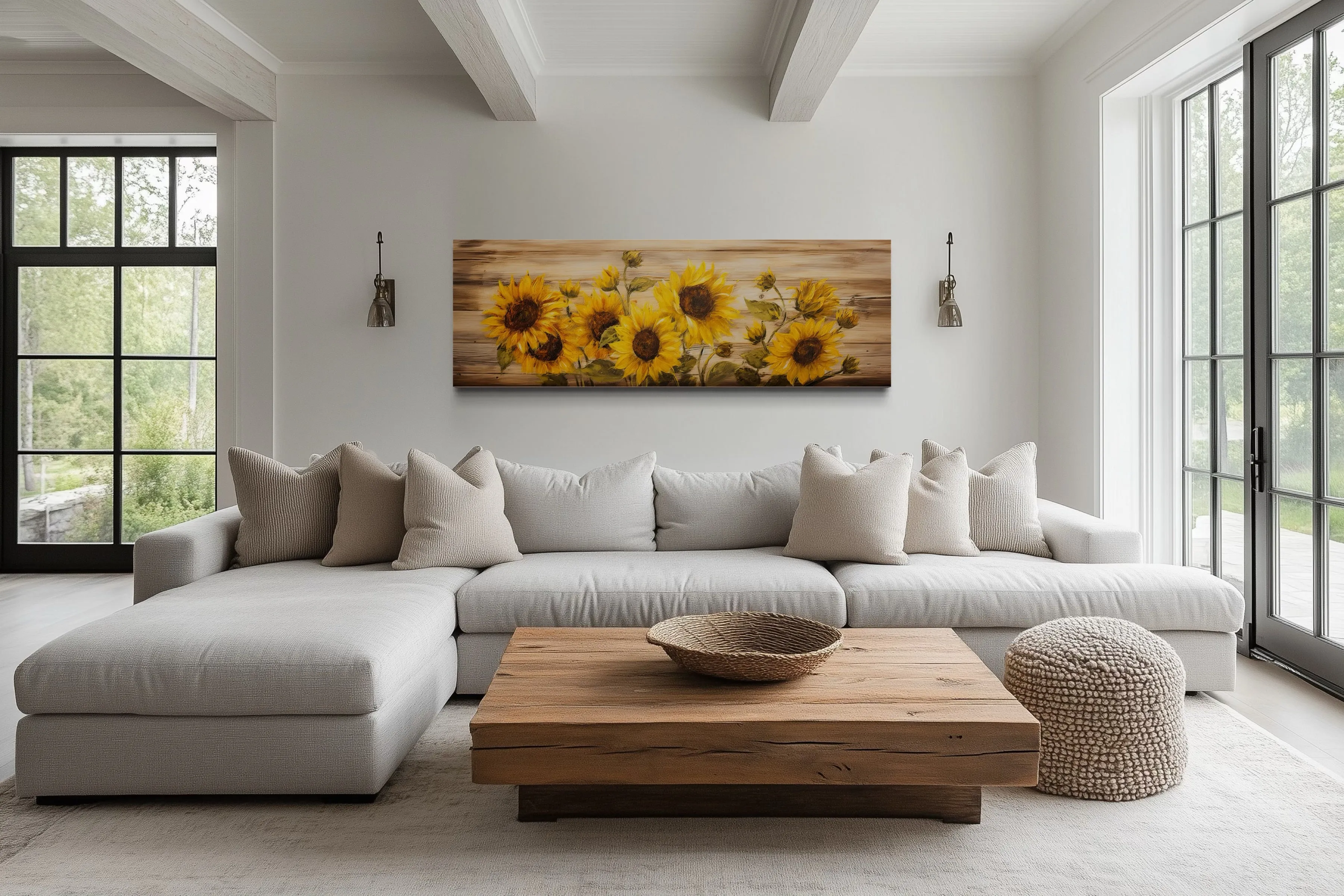 Rustic Sunflowers Painting on Wood Long Horizontal Framed Canvas  Wall Art