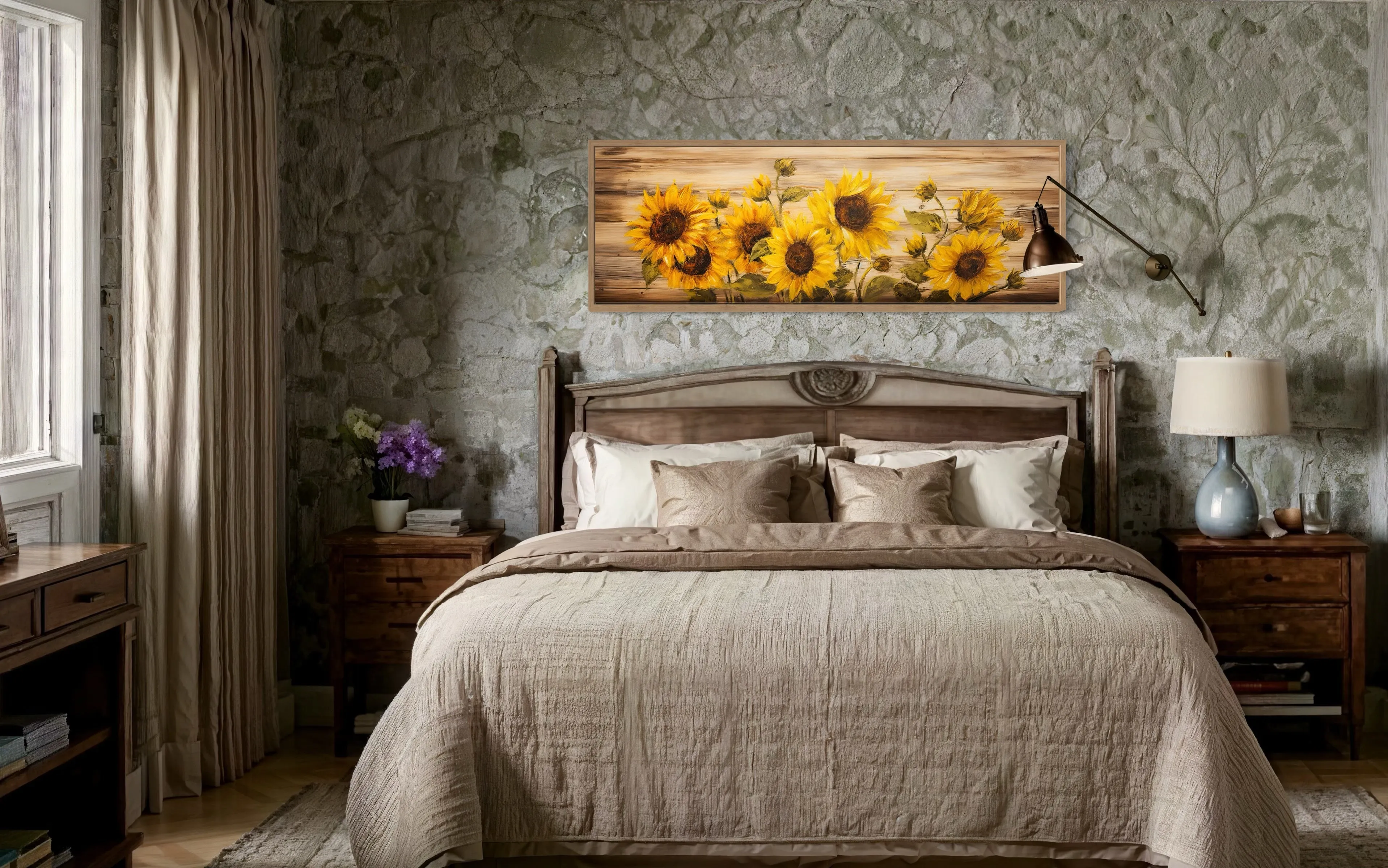 Rustic Sunflowers Painting on Wood Long Horizontal Framed Canvas  Wall Art