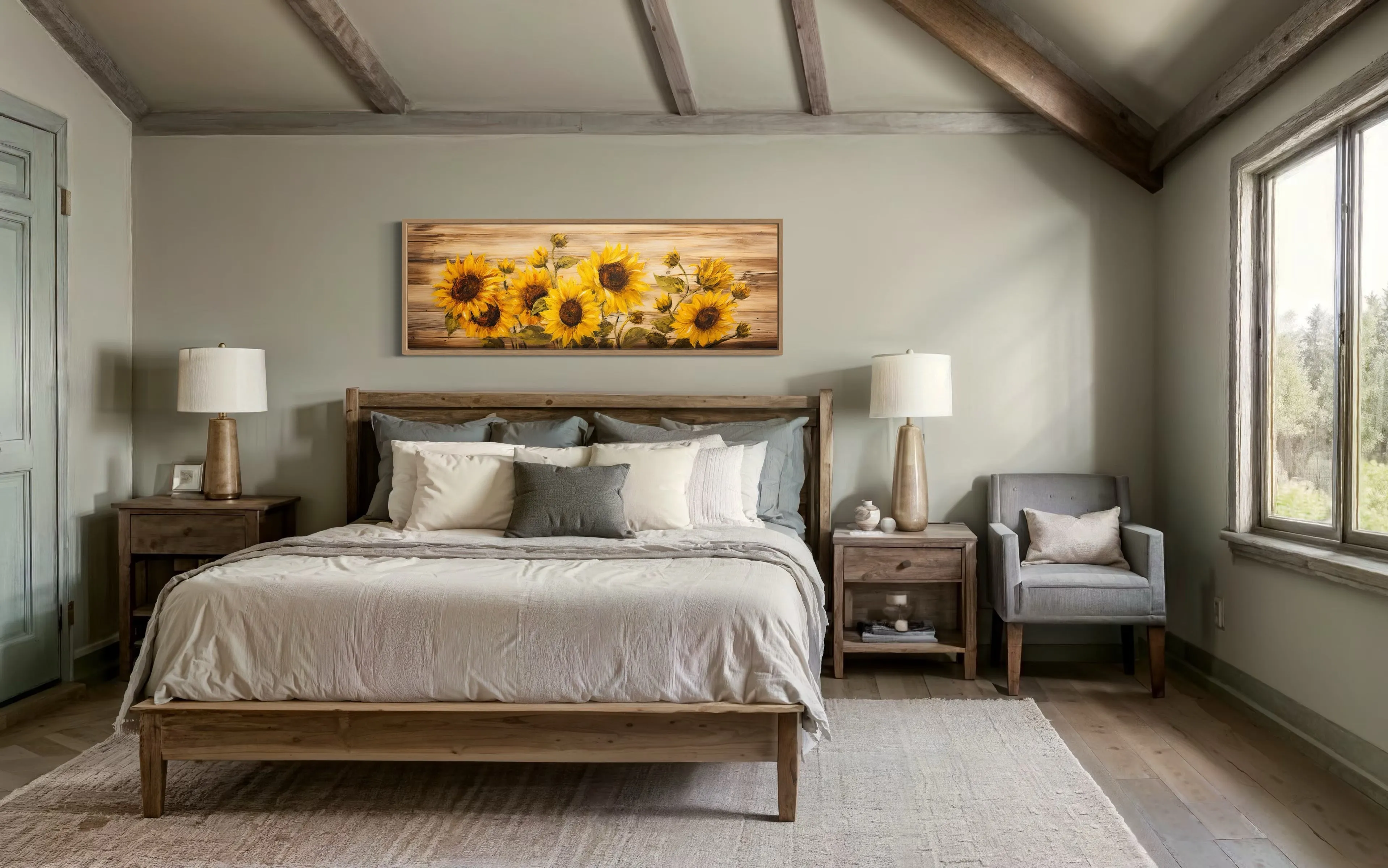 Rustic Sunflowers Painting on Wood Long Horizontal Framed Canvas  Wall Art