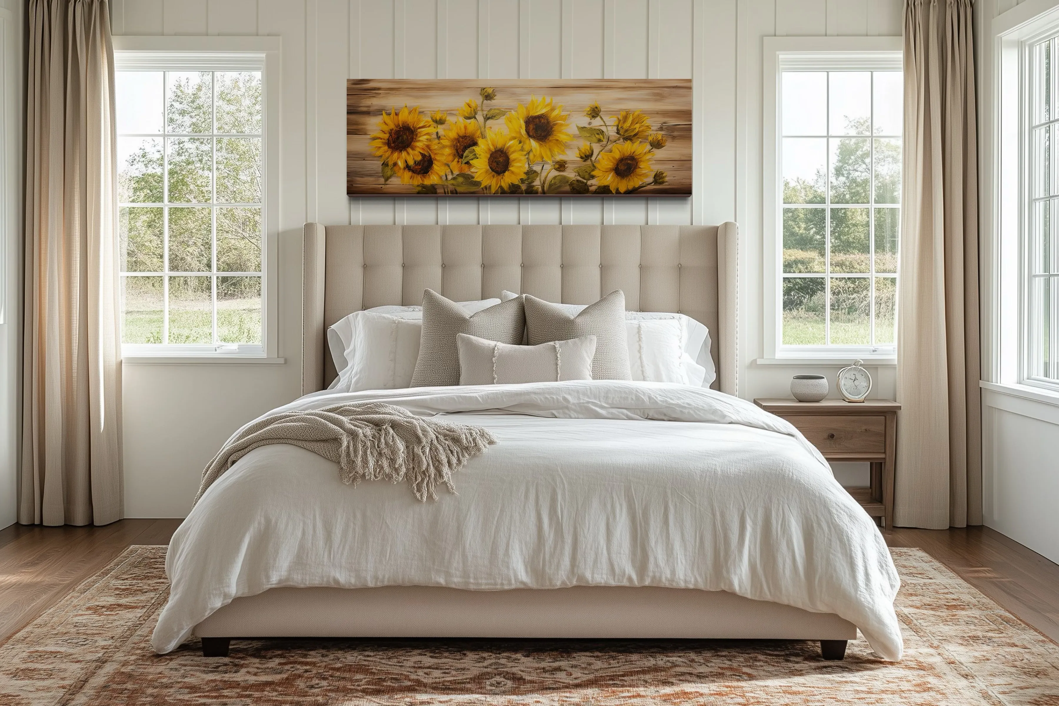 Rustic Sunflowers Painting on Wood Long Horizontal Framed Canvas  Wall Art