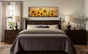 Rustic Sunflowers Painting on Wood Long Horizontal Framed Canvas  Wall Art