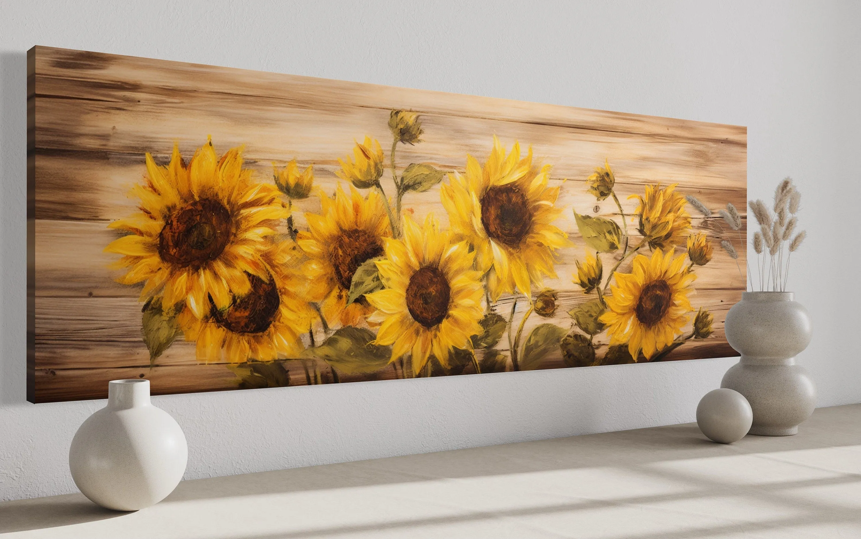 Rustic Sunflowers Painting on Wood Long Horizontal Framed Canvas  Wall Art