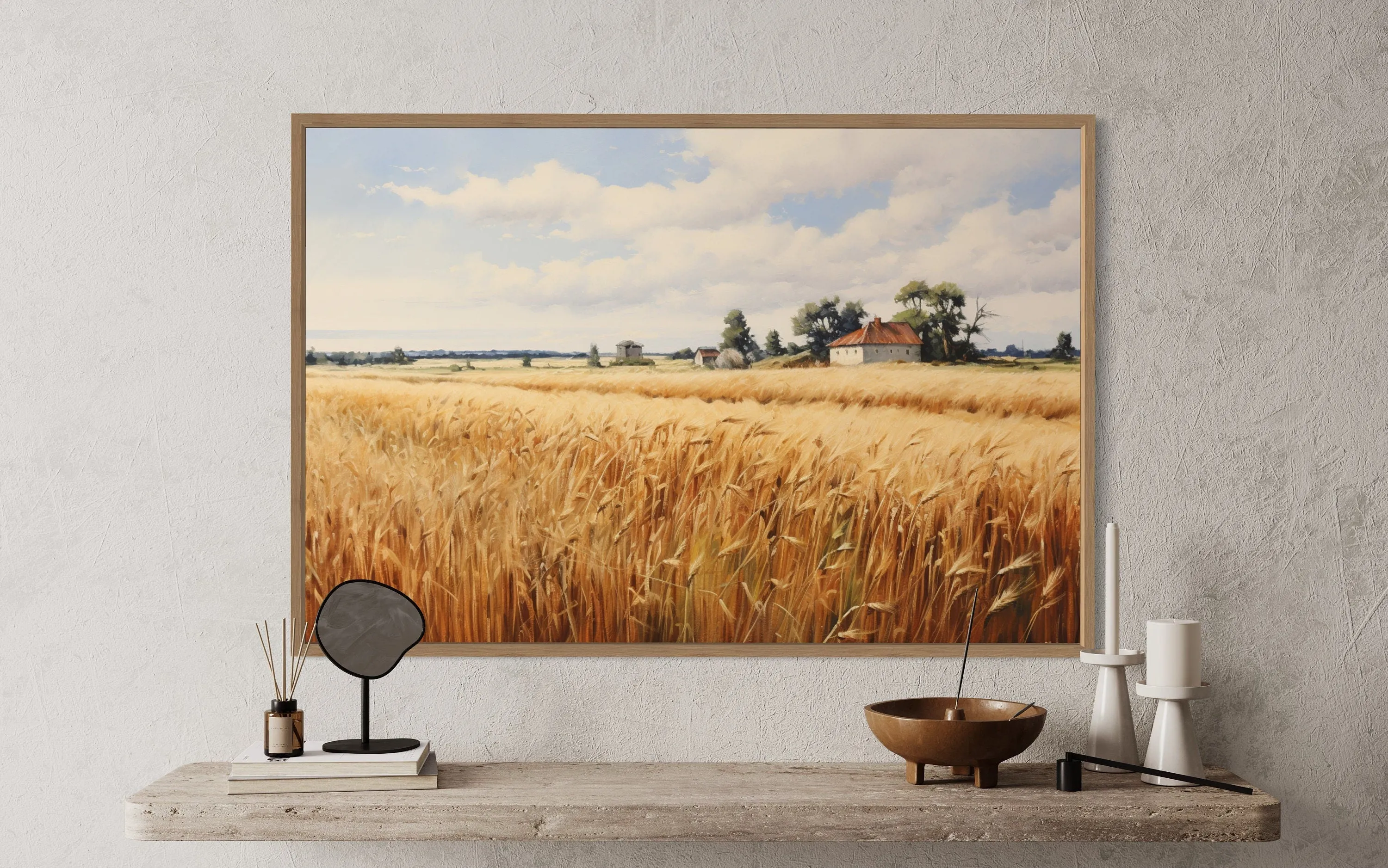 Rustic Wheat Field Landscape Farmhouse Framed Canvas Wall Art