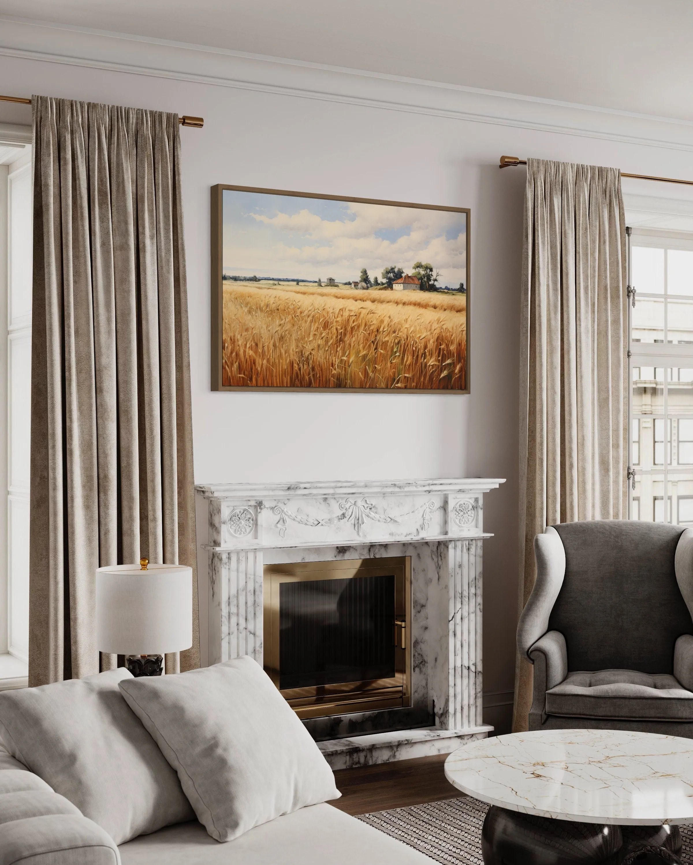 Rustic Wheat Field Landscape Farmhouse Framed Canvas Wall Art