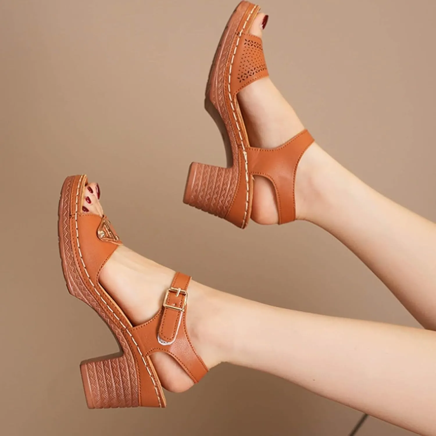 Sandals for Women 2024 Ladies' Casual Retro Sandal Side Buckle Strap Roman Shoes Summer Fashion Fish Mouth Platform Heels