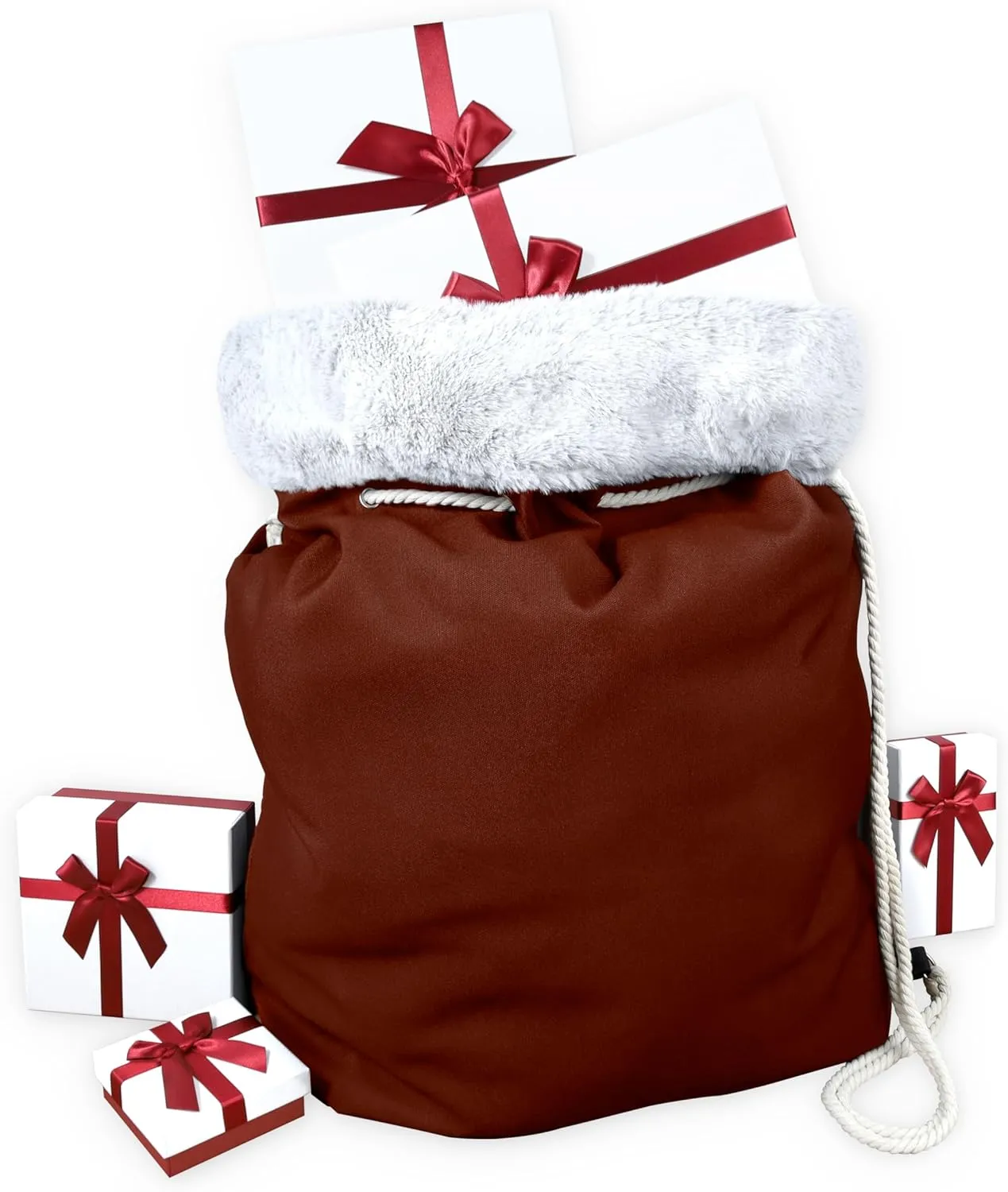Santa Sack Bag - Rusty Brick Red Cotton Canvas - Gray Furry Trim, Faux Wolf Fur, Rustic Christmas, Large Blank Toy Bag, Deluxe Xmas Shoulder Tote, 30 x 24 in