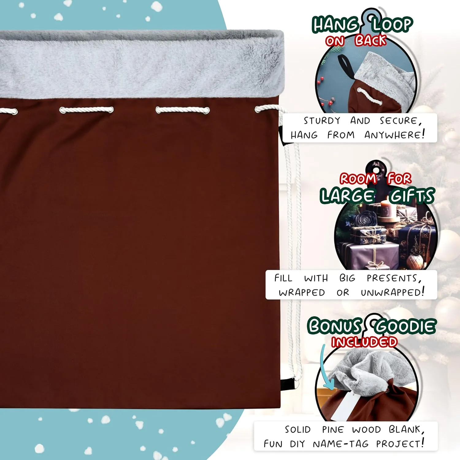 Santa Sack Bag - Rusty Brick Red Cotton Canvas - Gray Furry Trim, Faux Wolf Fur, Rustic Christmas, Large Blank Toy Bag, Deluxe Xmas Shoulder Tote, 30 x 24 in