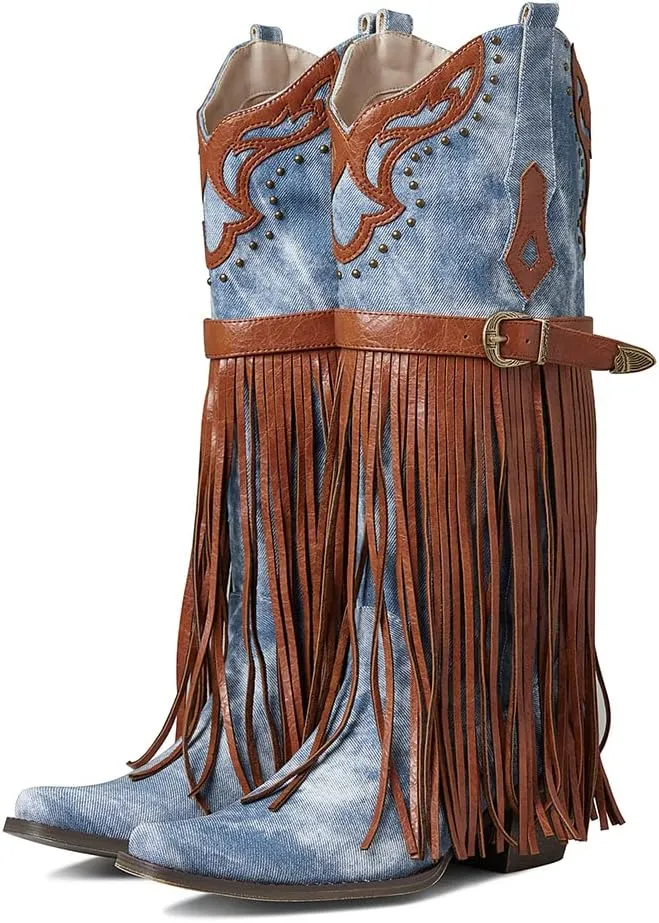 SaraIris Women's Western Bootie, Fashion Pointed Toe, Chunky Heel, Embroidered, Fringe, Pull-On, Mid Calf Boots, 2.75 inches, Knee High, PU, Denim, Rubber