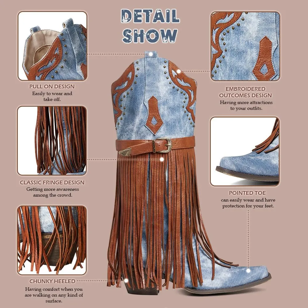 SaraIris Women's Western Bootie, Fashion Pointed Toe, Chunky Heel, Embroidered, Fringe, Pull-On, Mid Calf Boots, 2.75 inches, Knee High, PU, Denim, Rubber