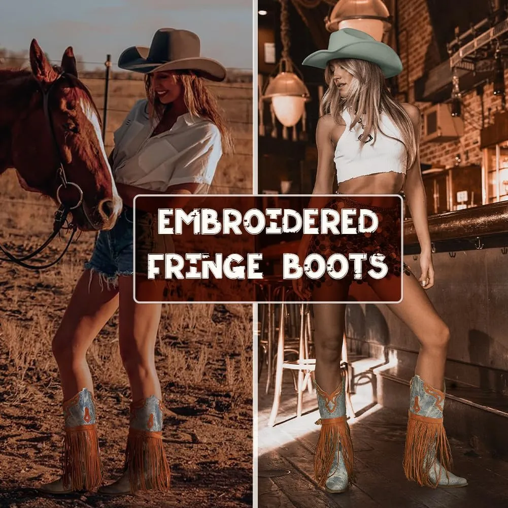 SaraIris Women's Western Bootie, Fashion Pointed Toe, Chunky Heel, Embroidered, Fringe, Pull-On, Mid Calf Boots, 2.75 inches, Knee High, PU, Denim, Rubber