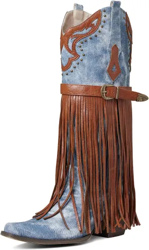 SaraIris Women's Western Bootie, Fashion Pointed Toe, Chunky Heel, Embroidered, Fringe, Pull-On, Mid Calf Boots, 2.75 inches, Knee High, PU, Denim, Rubber