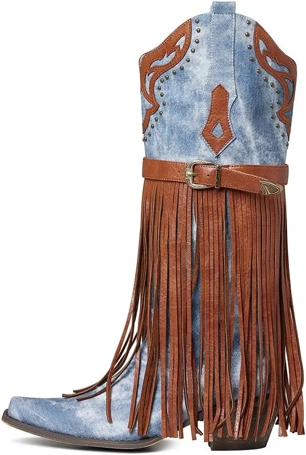 SaraIris Women's Western Bootie, Fashion Pointed Toe, Chunky Heel, Embroidered, Fringe, Pull-On, Mid Calf Boots, 2.75 inches, Knee High, PU, Denim, Rubber
