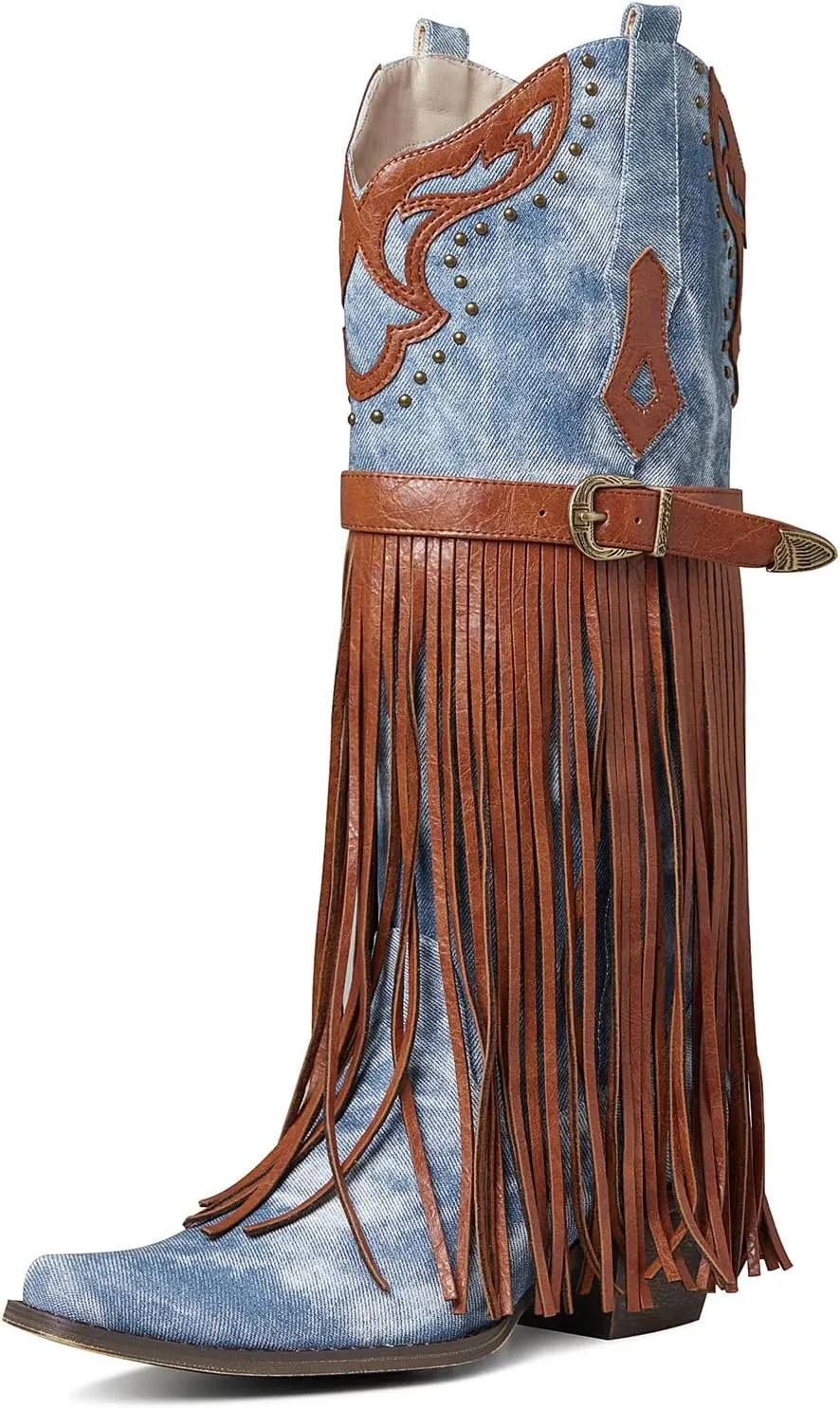 SaraIris Women's Western Bootie, Fashion Pointed Toe, Chunky Heel, Embroidered, Fringe, Pull-On, Mid Calf Boots, 2.75 inches, Knee High, PU, Denim, Rubber