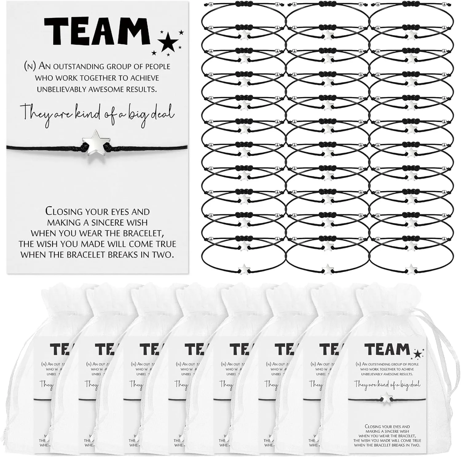 Sasylvia Team Teachers Employees Appreciation Gift Bulk Volunteer Inspirational Star Bracelets Team Thank You Cards Organza Bag for Coworker Nurse Party Favor