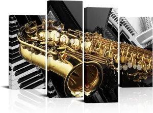 Saxophone Canvas Wall Art, Black and White Saxophone Piano Prints Wall Decor, 48"x32" Modern Jazz Art Musical Instrument Poster Printing Artwork for Office Home Living Room Bedroom, Set of 4
