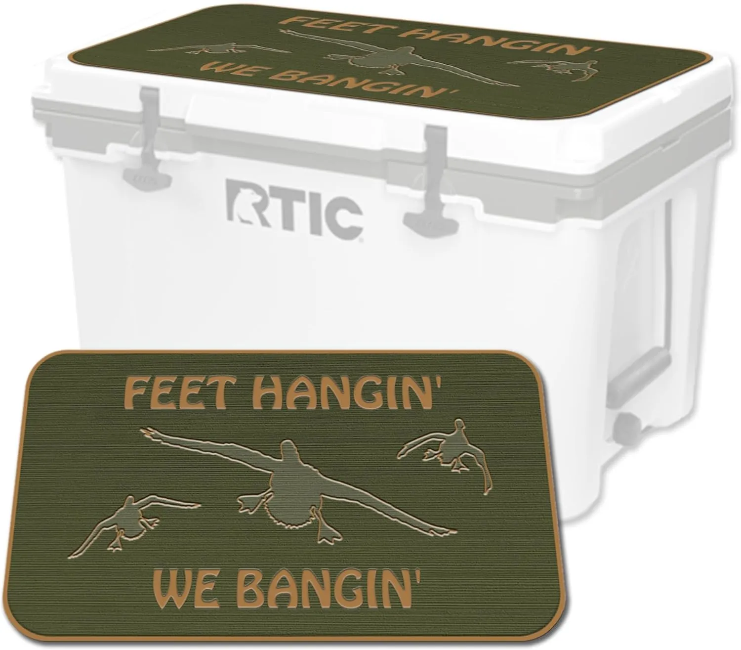 SeaDek EVA Mat Cooler Pad fits RTIC | Peel & Stick Application | Non Slip Comfort Accessories - Feet Hangin We Bangin Design (OliveGreen-Mocha)