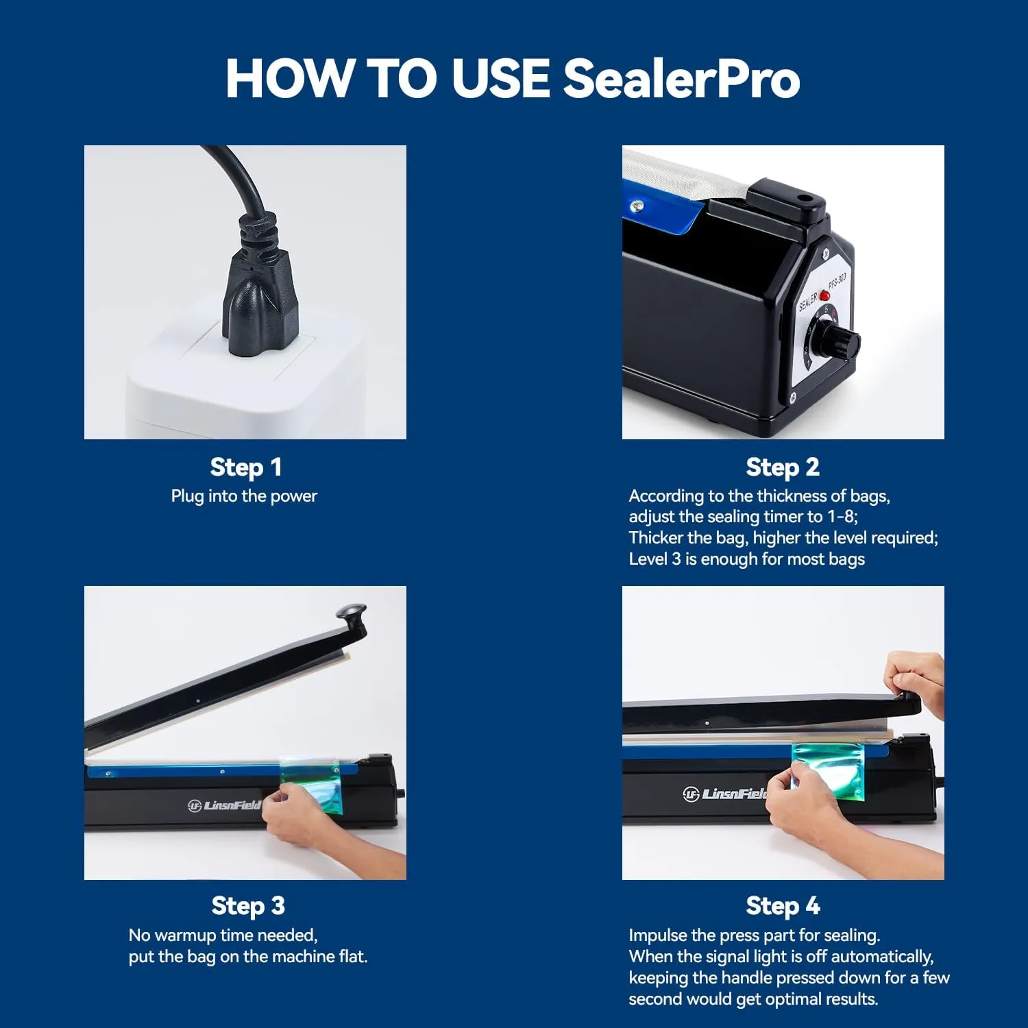 Sealer Pro - 12 inch Impulse Heat Sealer - 7mm Sealing Width - Manual Heat Sealer Machine for All Bags - Most Heavy Duty for Strong, Secure Sealing for Long Term Food Storage, Deep Blue