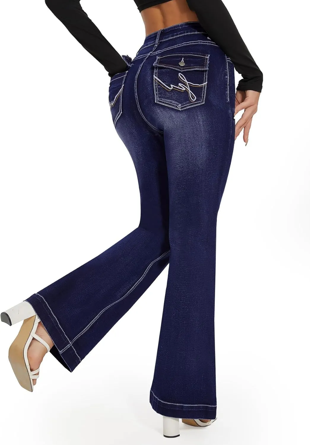 SEASUM Butt Lifting Bootcut Jeans Tummy Control Trendy Flare Leg Jeans for Women Casual Flap Pockets Denim Pants
