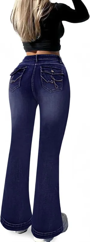 SEASUM Butt Lifting Bootcut Jeans Tummy Control Trendy Flare Leg Jeans for Women Casual Flap Pockets Denim Pants