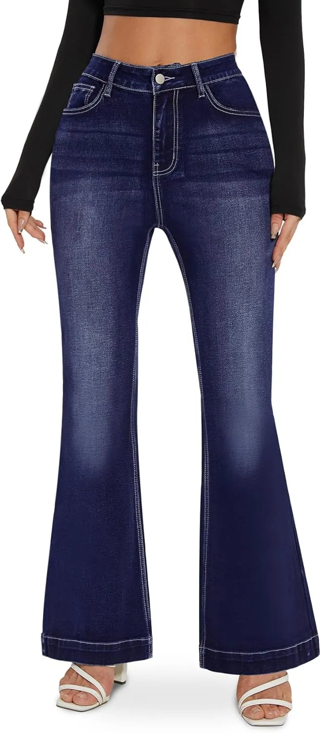 SEASUM Butt Lifting Bootcut Jeans Tummy Control Trendy Flare Leg Jeans for Women Casual Flap Pockets Denim Pants