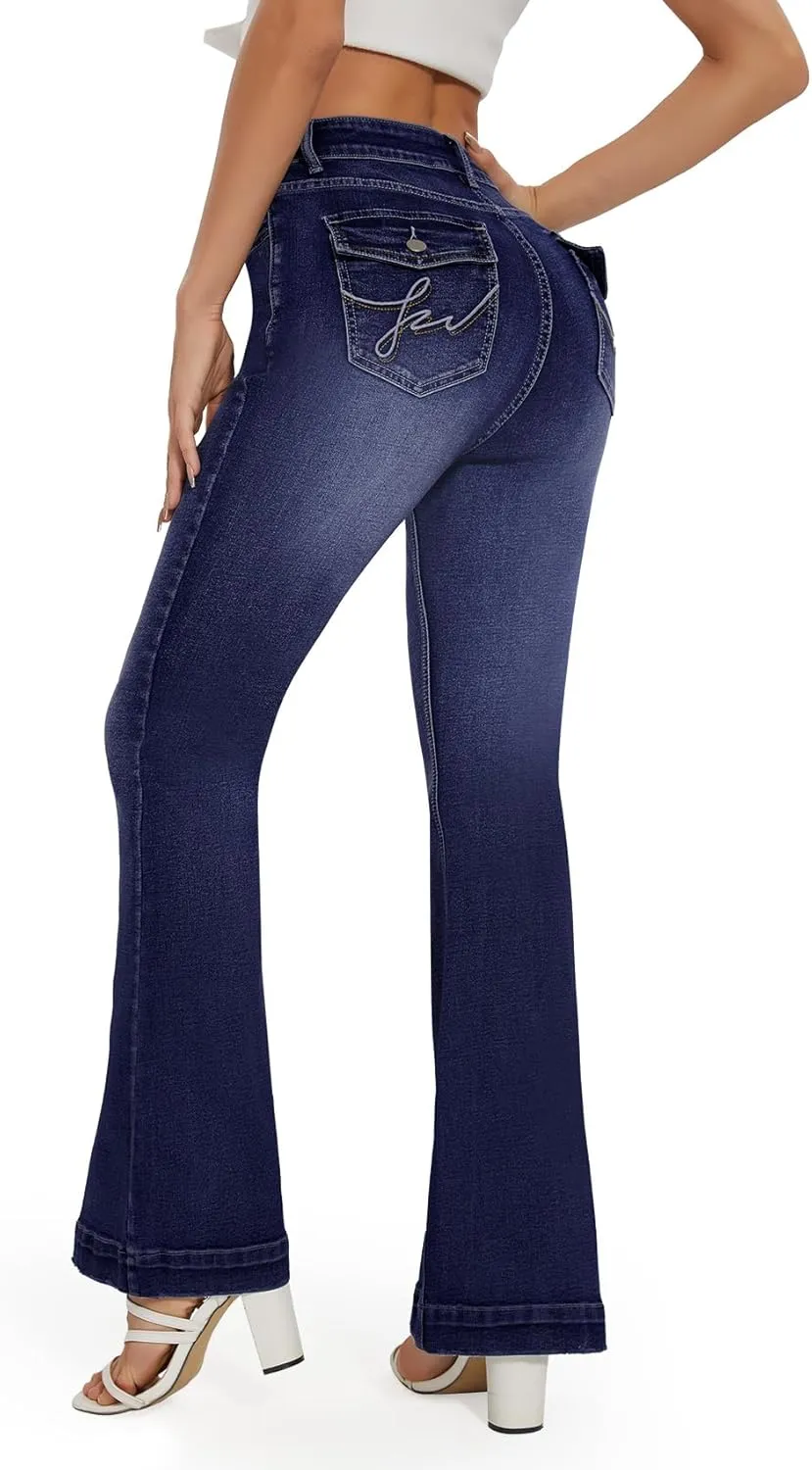 SEASUM Butt Lifting Bootcut Jeans Tummy Control Trendy Flare Leg Jeans for Women Casual Flap Pockets Denim Pants
