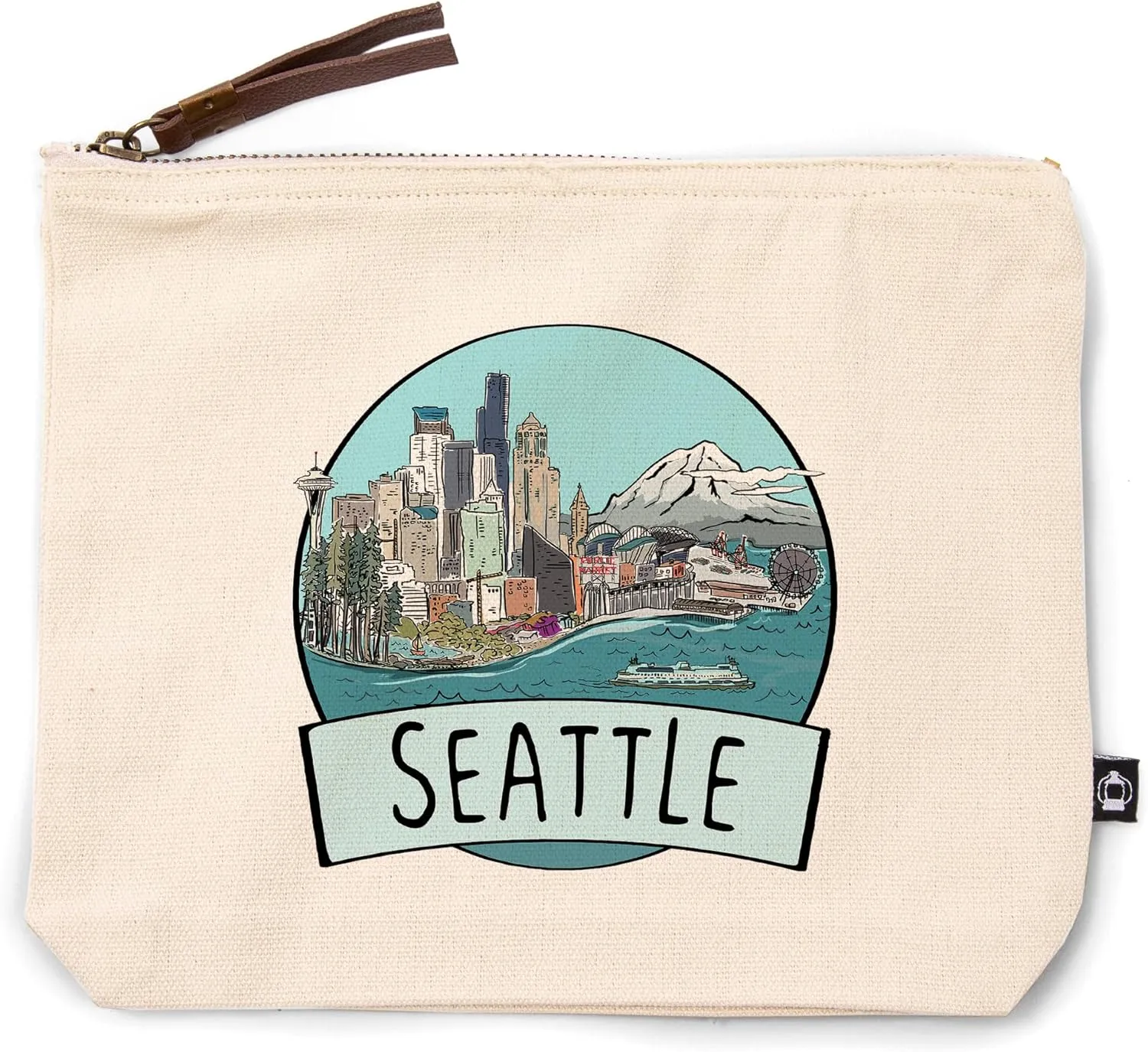 Seattle, Washington, Line Drawing, Cityscape, 100% Cotton Zipper Pouch, Travel Accessory, Go Bag