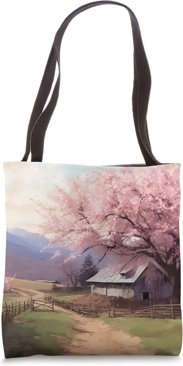 Serenity in Bloom Countryside Dwelling & Cherry Blossoms Tote Bag