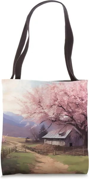 Serenity in Bloom Countryside Dwelling & Cherry Blossoms Tote Bag