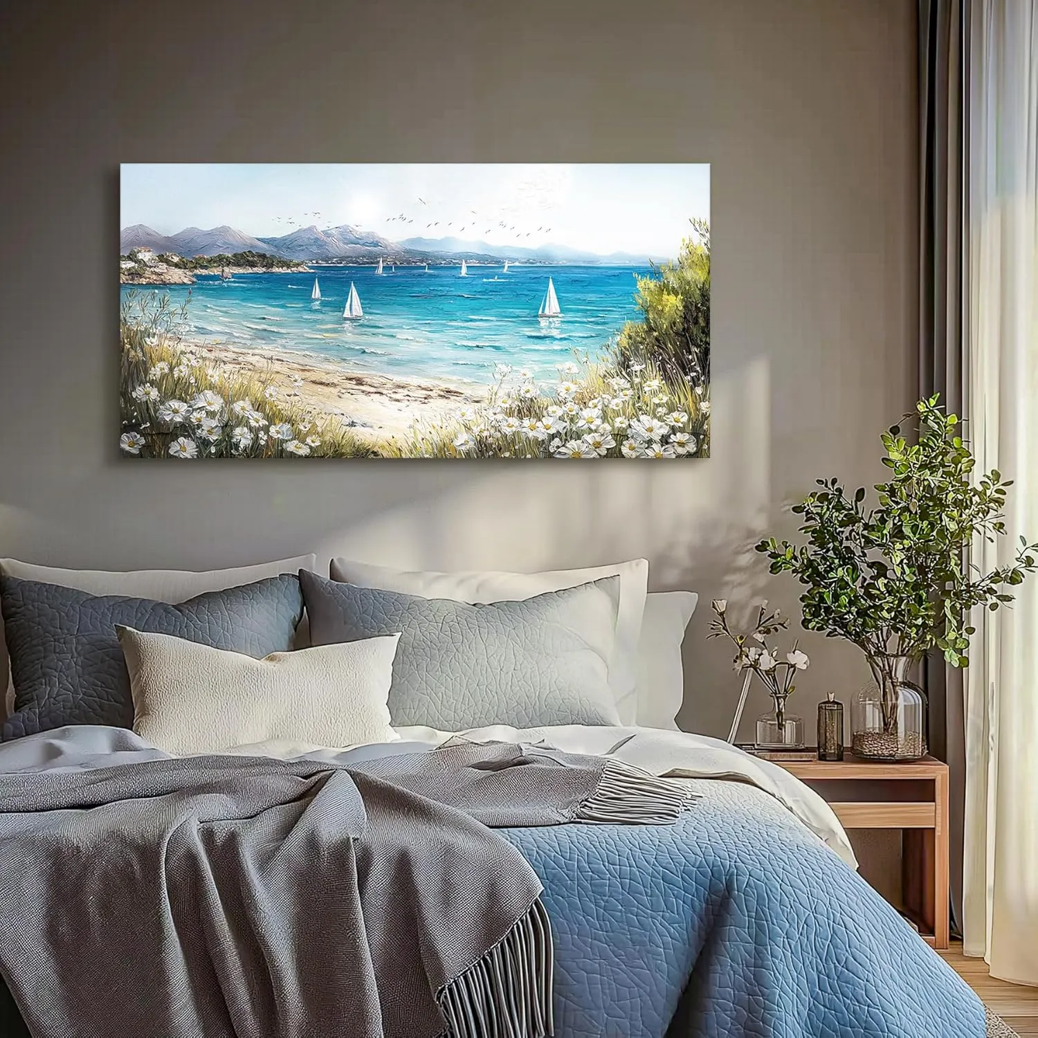 SERIMINO Coastal Landscape Large Wall Art, Beach Daisy Canvas Art Prints, Bay Sailboat Artwork for Walls, Nature Ocean Scenery Paintings Wall Decor Living Room Bedroom, Rustic Home Decor 24"X48"