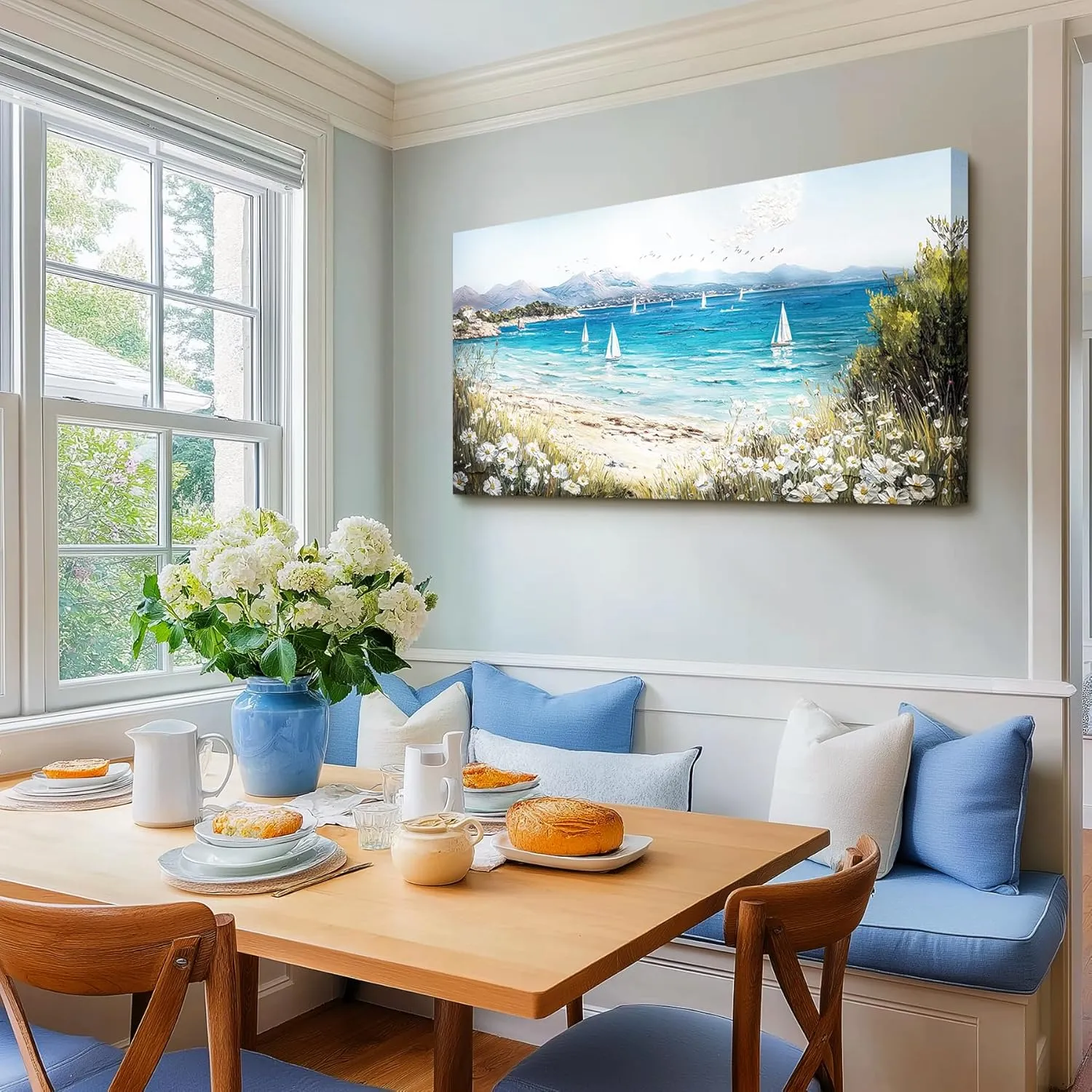 SERIMINO Coastal Landscape Large Wall Art, Beach Daisy Canvas Art Prints, Bay Sailboat Artwork for Walls, Nature Ocean Scenery Paintings Wall Decor Living Room Bedroom, Rustic Home Decor 24"X48"