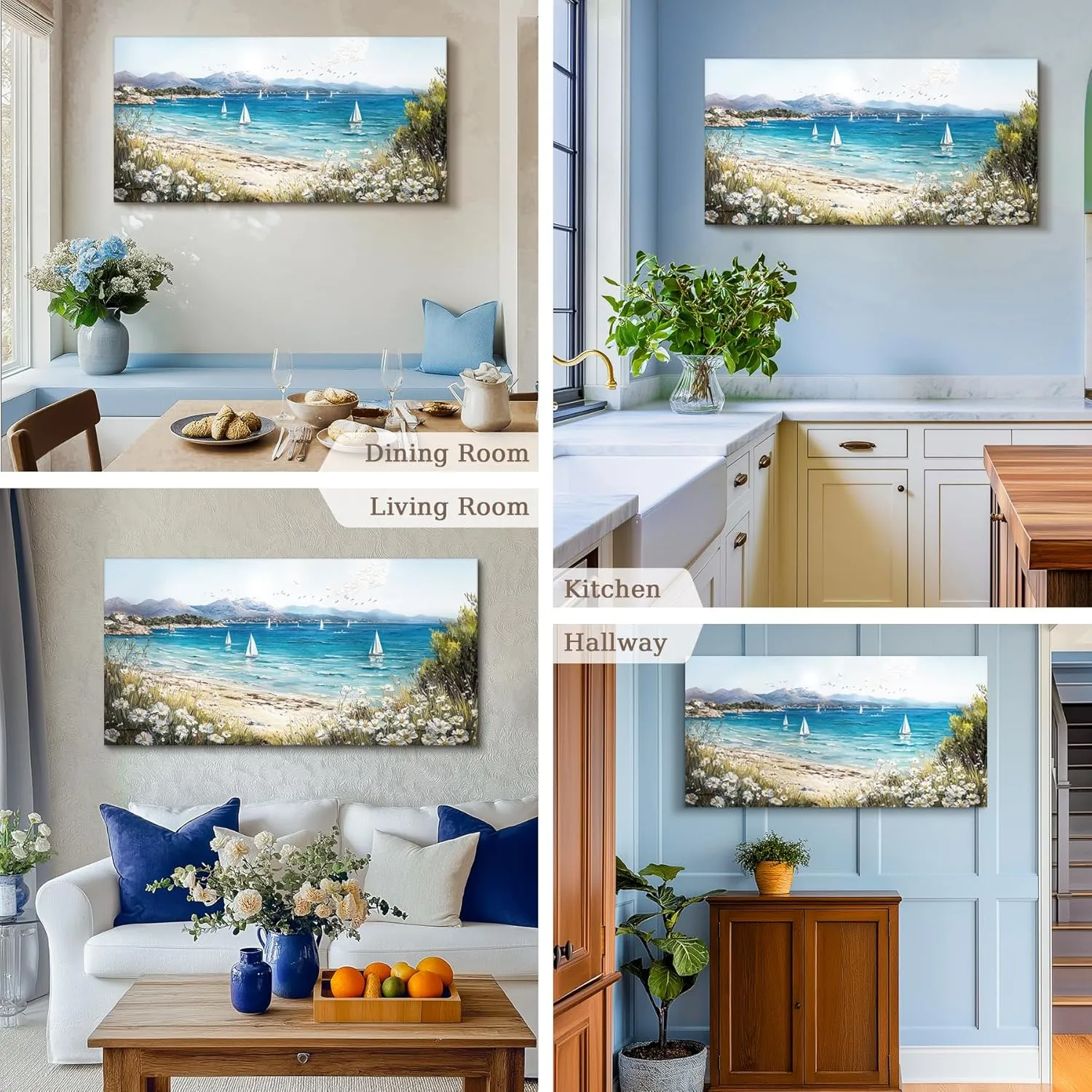 SERIMINO Coastal Landscape Large Wall Art, Beach Daisy Canvas Art Prints, Bay Sailboat Artwork for Walls, Nature Ocean Scenery Paintings Wall Decor Living Room Bedroom, Rustic Home Decor 24"X48"