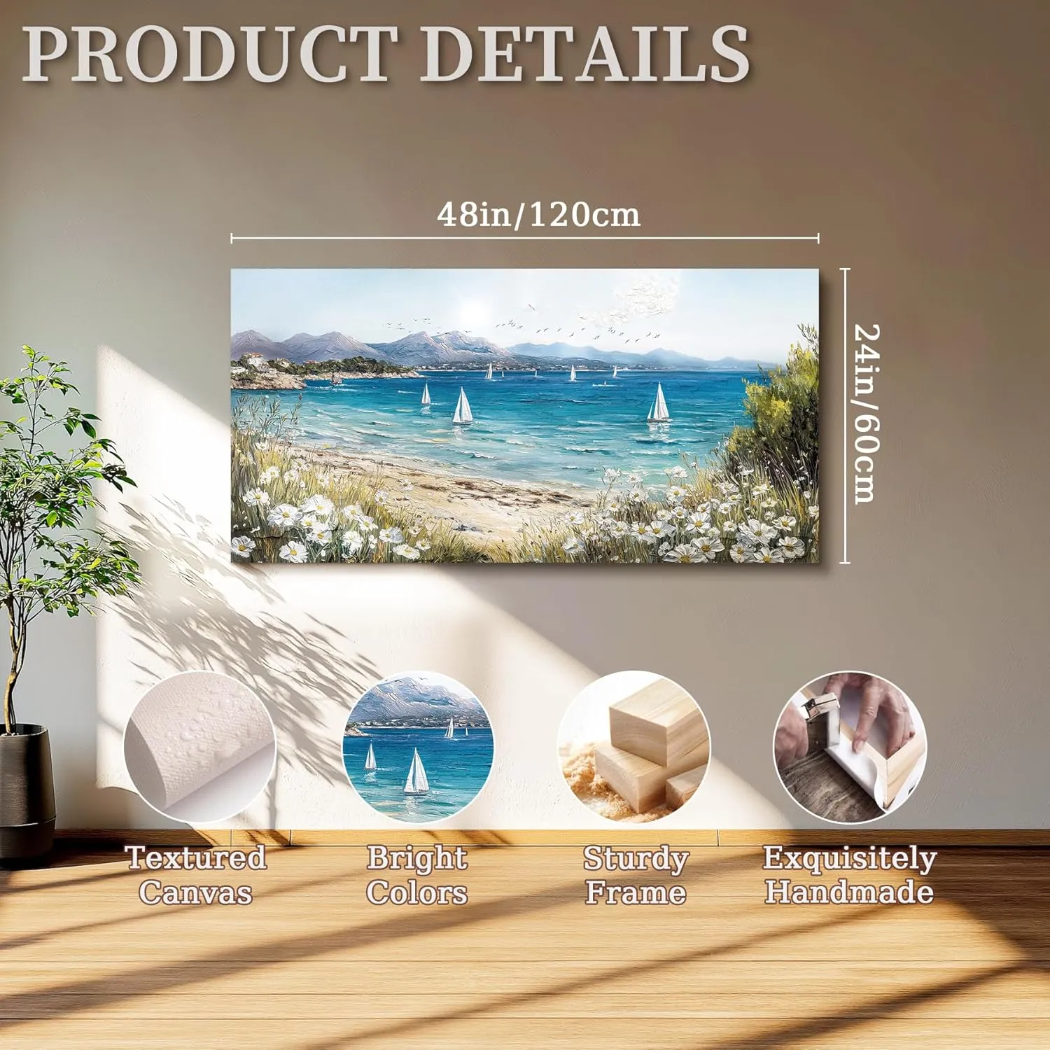 SERIMINO Coastal Landscape Large Wall Art, Beach Daisy Canvas Art Prints, Bay Sailboat Artwork for Walls, Nature Ocean Scenery Paintings Wall Decor Living Room Bedroom, Rustic Home Decor 24"X48"