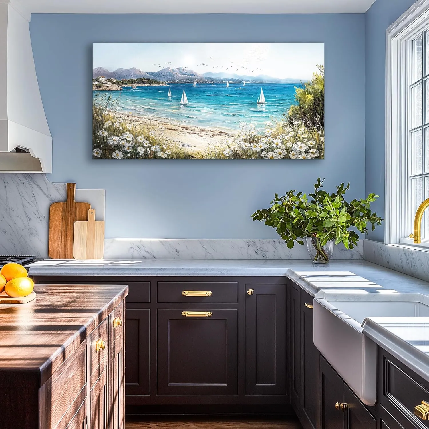 SERIMINO Coastal Landscape Large Wall Art, Beach Daisy Canvas Art Prints, Bay Sailboat Artwork for Walls, Nature Ocean Scenery Paintings Wall Decor Living Room Bedroom, Rustic Home Decor 24"X48"