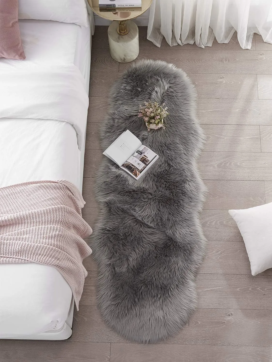 SERISSA Soft Fluffy Rug Grey Faux Sheepskin Fur Rug Shaggy Couch Cover for Bedroom Living Room Runner, 2x6 Feet