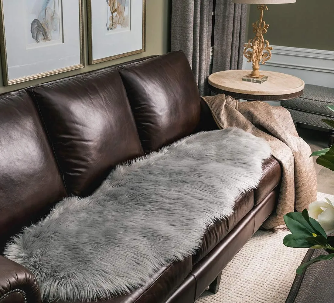 SERISSA Soft Fluffy Rug Grey Faux Sheepskin Fur Rug Shaggy Couch Cover for Bedroom Living Room Runner, 2x6 Feet