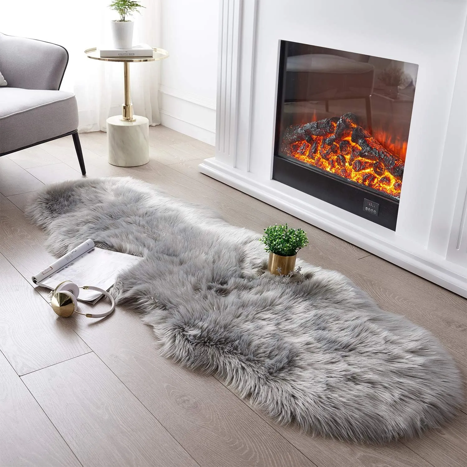 SERISSA Soft Fluffy Rug Grey Faux Sheepskin Fur Rug Shaggy Couch Cover for Bedroom Living Room Runner, 2x6 Feet