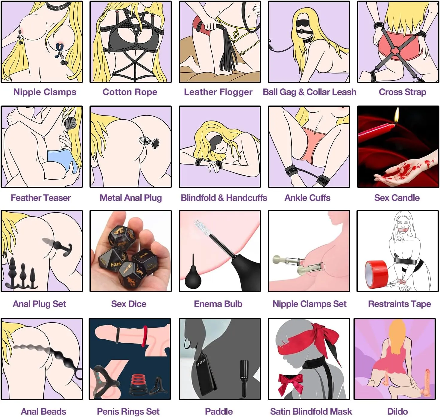 Sex Toys BDSM Restraints Dildo, 36Pcs Kit Bondage Gear and Accessories for Adult Women and Couples (Blcak, 36 Piece Set)