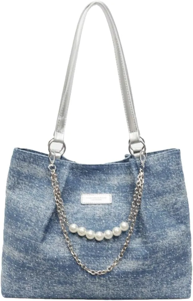 Shiny Denim Underarm Bag for Women Trendy Beauty Bead Chain Shoulder Bag Outdoor Commuter Travel Handbag 2025