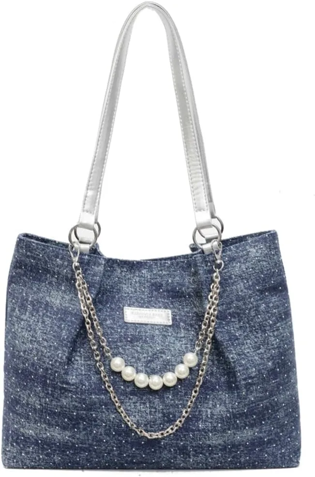 Shiny Denim Underarm Bag for Women Trendy Beauty Bead Chain Shoulder Bag Outdoor Commuter Travel Handbag 2025