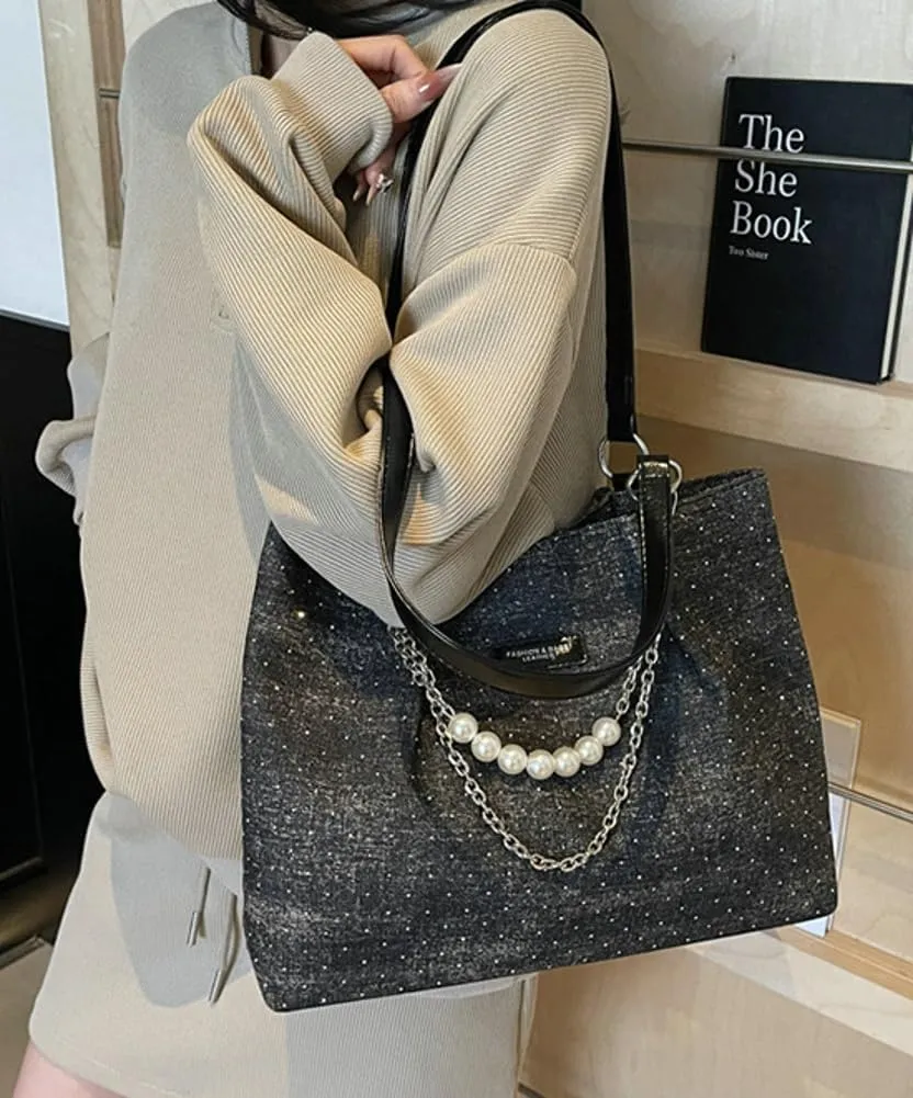 Shiny Denim Underarm Bag for Women Trendy Beauty Bead Chain Shoulder Bag Outdoor Commuter Travel Handbag 2025