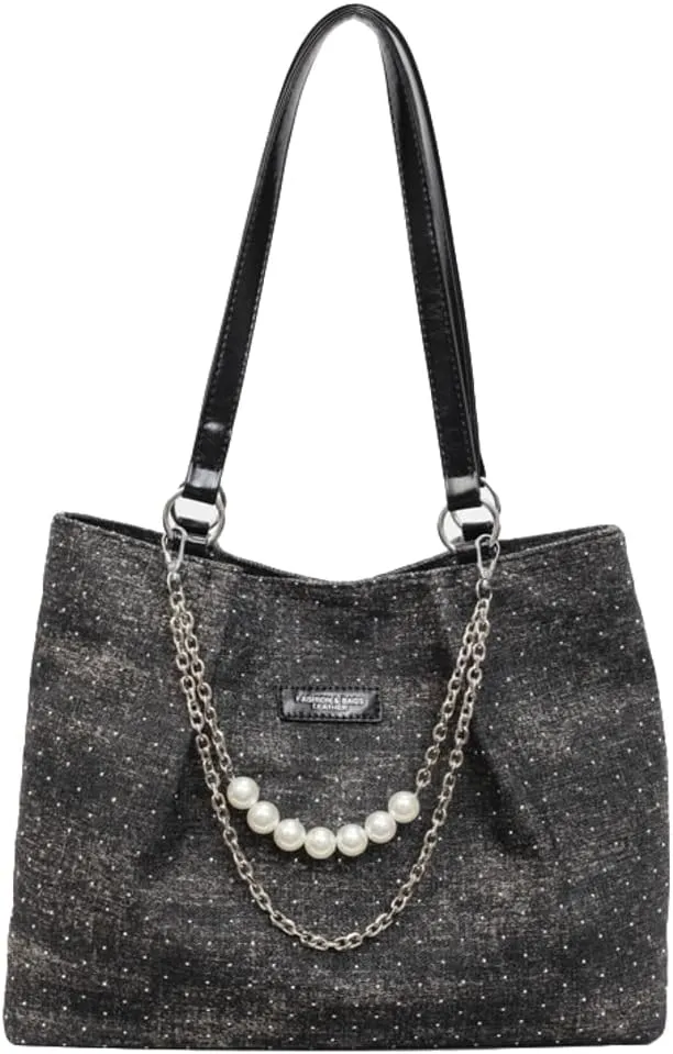 Shiny Denim Underarm Bag for Women Trendy Beauty Bead Chain Shoulder Bag Outdoor Commuter Travel Handbag 2025