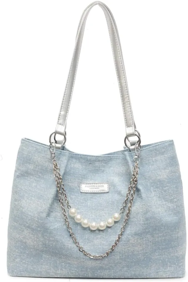 Shiny Denim Underarm Bag for Women Trendy Beauty Bead Chain Shoulder Bag Outdoor Commuter Travel Handbag 2025
