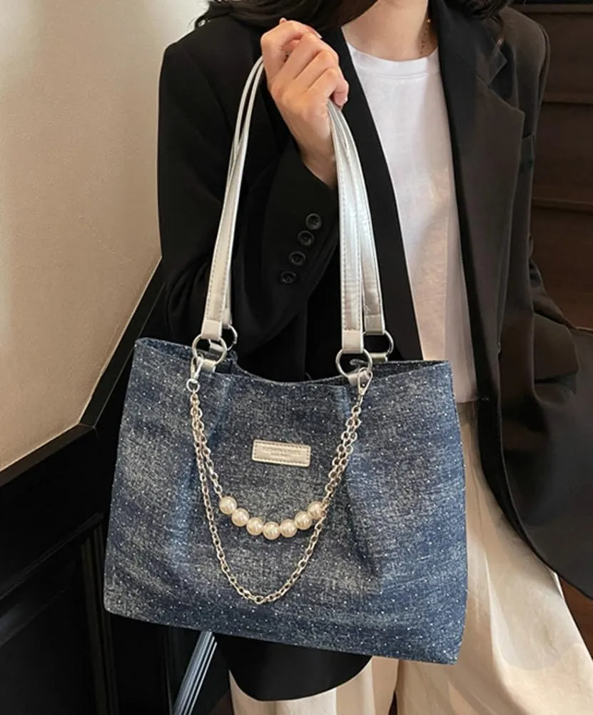 Shiny Denim Underarm Bag for Women Trendy Beauty Bead Chain Shoulder Bag Outdoor Commuter Travel Handbag 2025