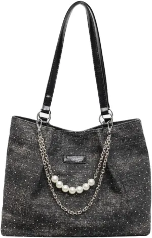 Shiny Denim Underarm Bag for Women Trendy Beauty Bead Chain Shoulder Bag Outdoor Commuter Travel Handbag 2025
