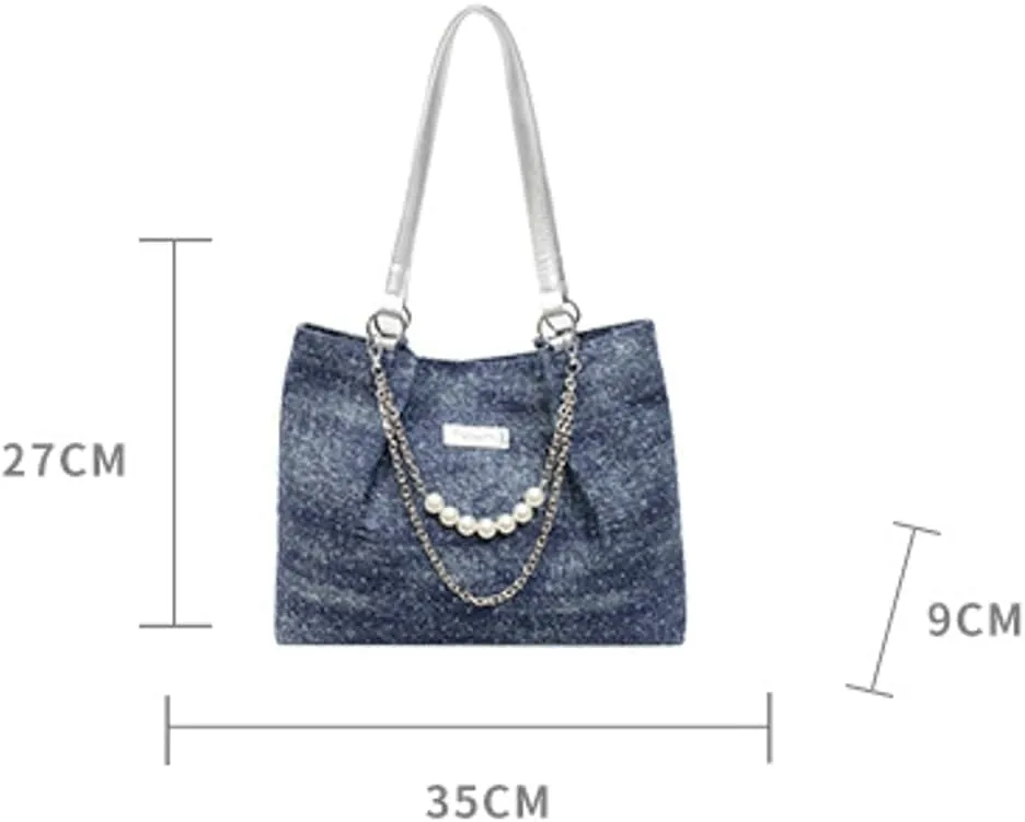 Shiny Denim Underarm Bag for Women Trendy Beauty Bead Chain Shoulder Bag Outdoor Commuter Travel Handbag 2025