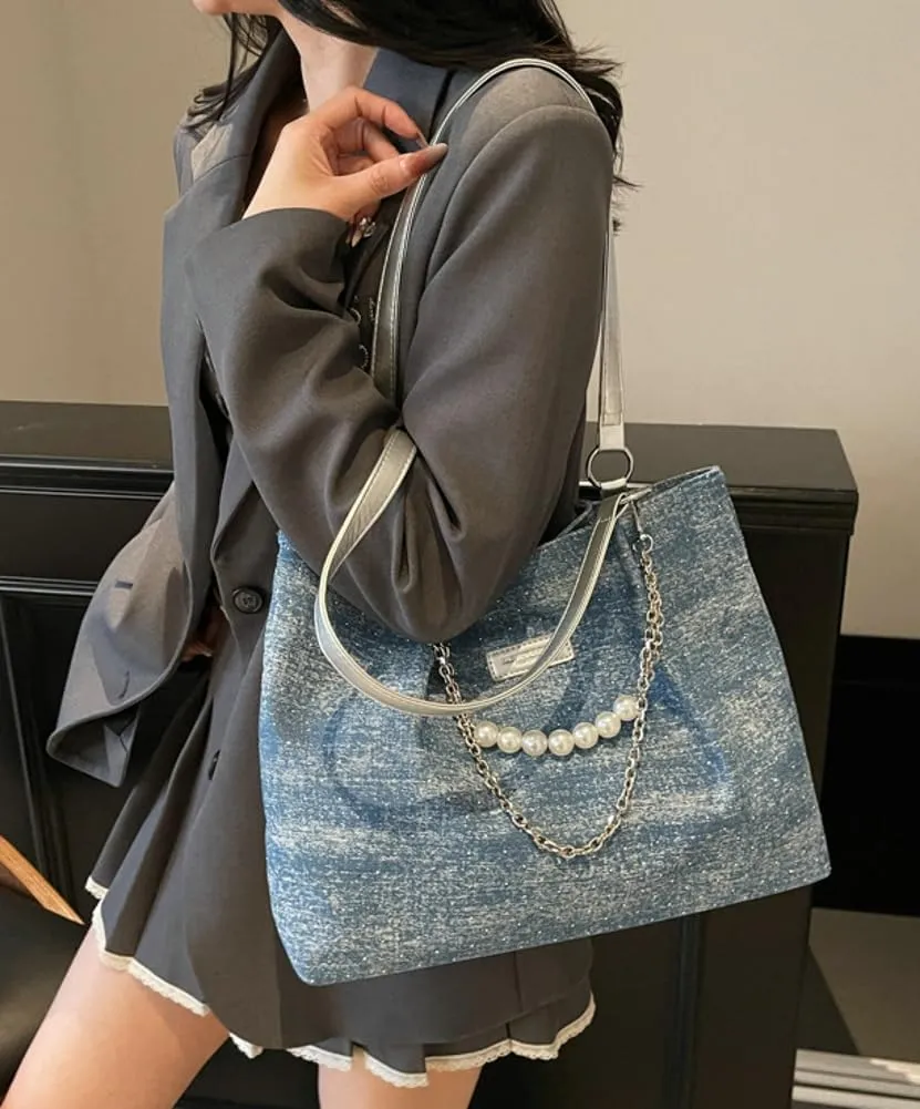 Shiny Denim Underarm Bag for Women Trendy Beauty Bead Chain Shoulder Bag Outdoor Commuter Travel Handbag 2025