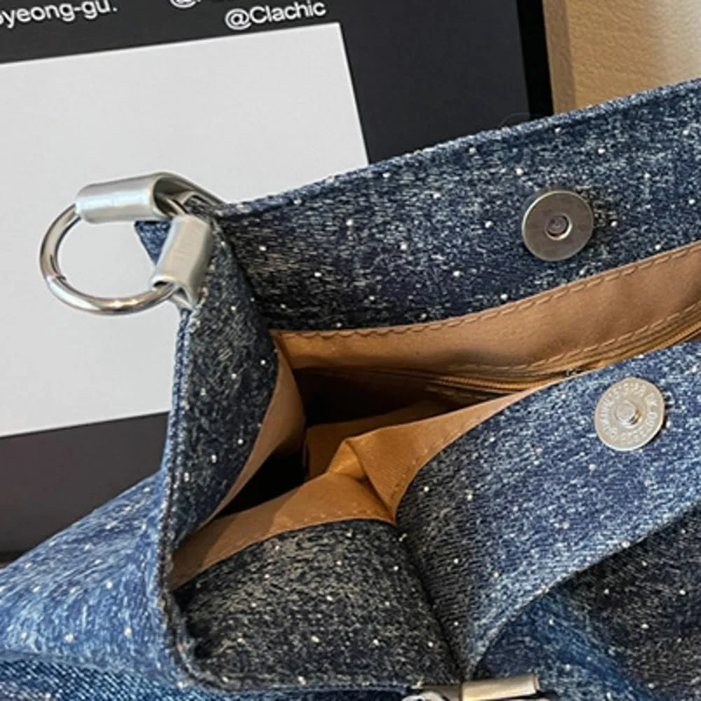 Shiny Denim Underarm Bag for Women Trendy Beauty Bead Chain Shoulder Bag Outdoor Commuter Travel Handbag 2025