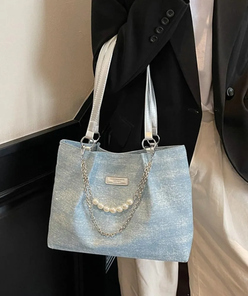 Shiny Denim Underarm Bag for Women Trendy Beauty Bead Chain Shoulder Bag Outdoor Commuter Travel Handbag 2025