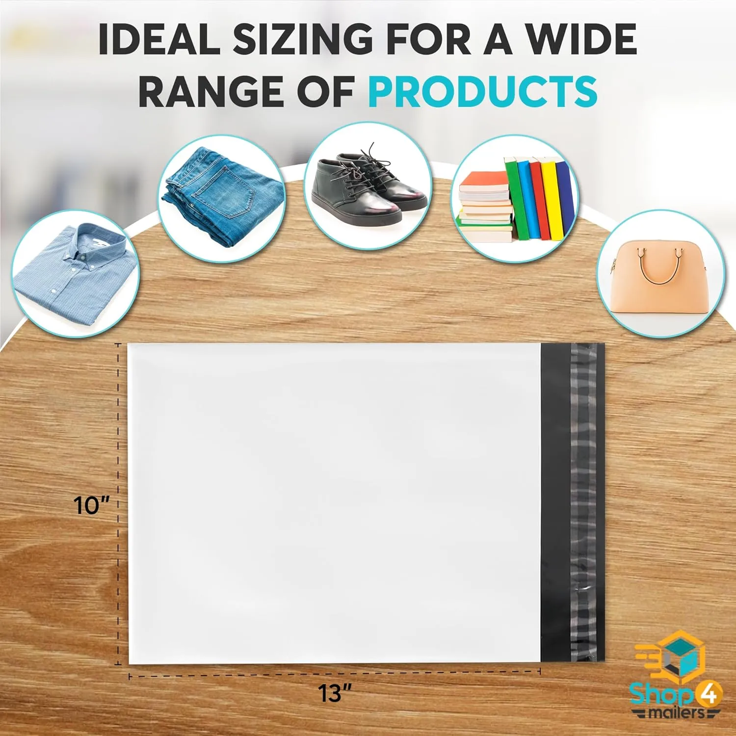 Shop4Mailers 10 x 13 Glossy White Plastic Self Seal Poly Mailer Flat Bags Waterproof Shipping Envelope 1.7 Mil for Apparel, Clothes, Shirts, Books – Permanent Adhesive Seal (100 Pack)